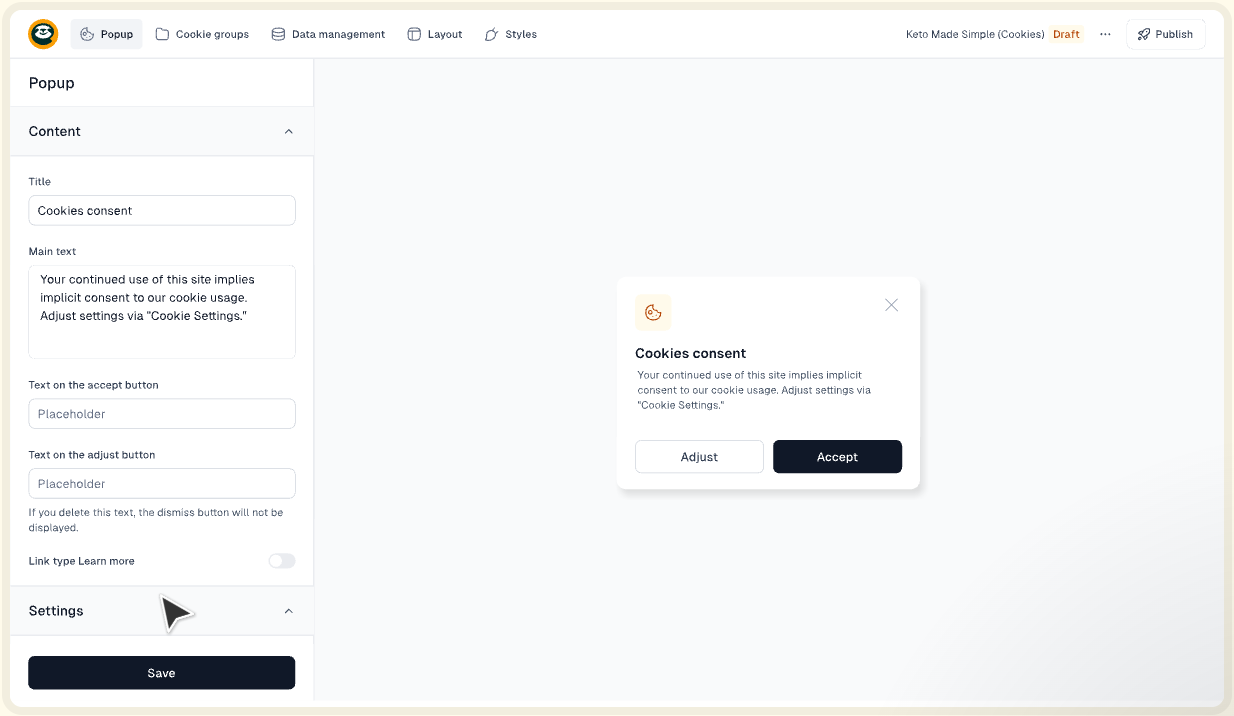 Editor de Easycookie para la ventana de consentimiento de cookies de tu web